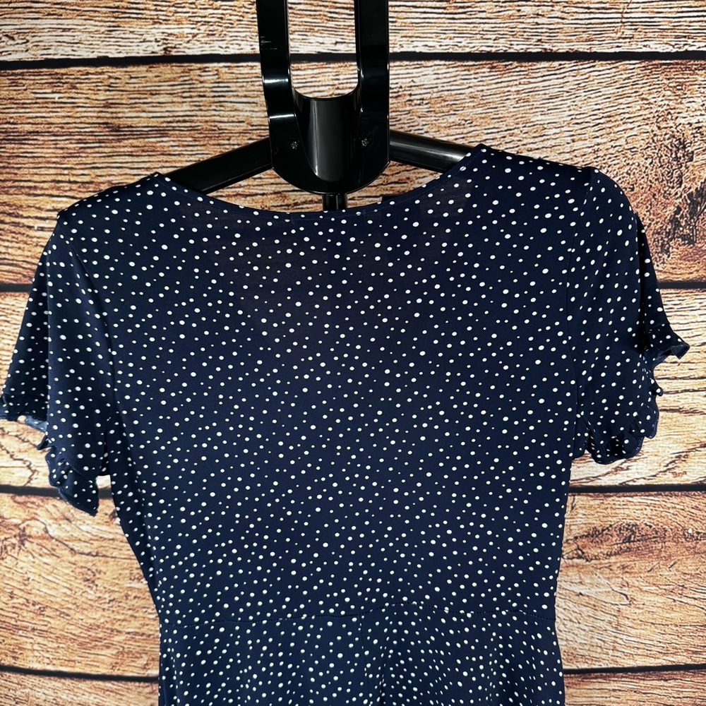 Navy Polka Dot Wrap Dress | Short Sleeve Casual Day‎ Dress | M - Picture 8 of 11